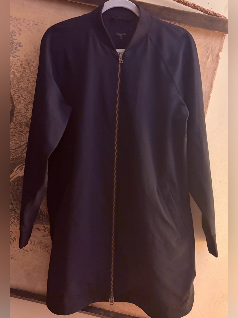 * Garnet Hill Dark  Navy Zip-Front Long Bomber Coat SZ Medium *